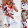 Summer Womens Tops Floral Blouse V Neck Three Quarter Sleeve Shirt OL Ladies Plain Casual Single Breasted Blouse