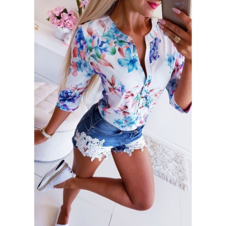 Summer Womens Tops Floral Blouse V Neck Three Quarter Sleeve Shirt OL Ladies Plain Casual Single Breasted Blouse