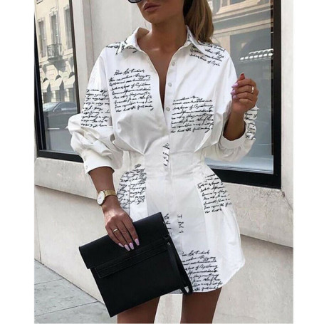 Women Shirt Dress Turn- Down Neck Long Sleeve Blouse Button Down Top Shirt Casual Printed Loose Mini Dress Shirt Dress