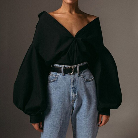 Office Ladies Elegant Solid Blouses Women Long Sleeve Turn-down Collar Loose Shirts Holiday Fashion Casual Lantern Sleeve Tops