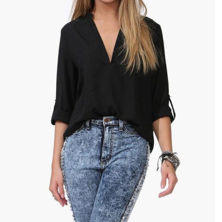 Women Chiffon Shirt Spring Summer Autumn Womens Long-sleeve Casual White,Black,Blue Chiffon Shirt V neck Blouse Large Size