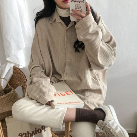 Shirts Women Autumn Apricot Solid Corduroy Long Sleeve Daily Simple Womens Minimalist Female Blouses Ulzzang Loose Classic New