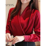 Deep V-neck Satin Blouses Women Chiffon Shirts Solid Elegant Female Office Lady Tops White Red Ladies Clothes Long Sleeve