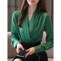 Deep V-neck Satin Blouses Women Chiffon Shirts Solid Elegant Female Office Lady Tops White Red Ladies Clothes Long Sleeve