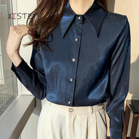 Office Lady Suit Blouses Shirts Women Spring New Elegant Tops Chiffon Female Blouses Sapphire Yellow Ladies Clothes