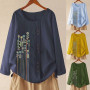 Chinese Style Embroidery Print linen shirt Women Oversized O Neck Solid Blouse Floral Tops Shirt Pullover Dames Blouse
