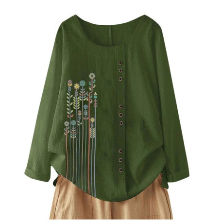 Chinese Style Embroidery Print linen shirt Women Oversized O Neck Solid Blouse Floral Tops Shirt Pullover Dames Blouse