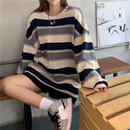 Women Sweatshirt Striped Thin Pullover T Shirt Harajuku Pullovers Korean Fashion Couples Matching Long Sleeve Tops Sweatshirt