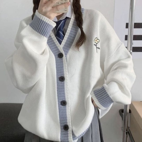 Women's V-neck Knitted Cardigan Sweater Women's Vintage Embroidery Knitted Sweater Long Sleeve Fashion Autumn Loose Cardigan Top