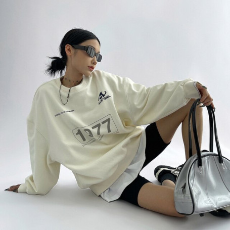 Women Beige Sweatshirt Letter Printing Round Neck Fashion Hip Hop Oversize Leisure Thickening Warm Winter Long Sleeves Pullover