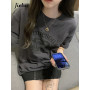 Jielur Letter Print Female T-shirt 2022 Summer Fashion Loose T Shirts Women Short Sleeve Cool Young BF Harajuku Top Dark Grey