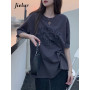 Jielur Letter Print Female T-shirt 2022 Summer Fashion Loose T Shirts Women Short Sleeve Cool Young BF Harajuku Top Dark Grey