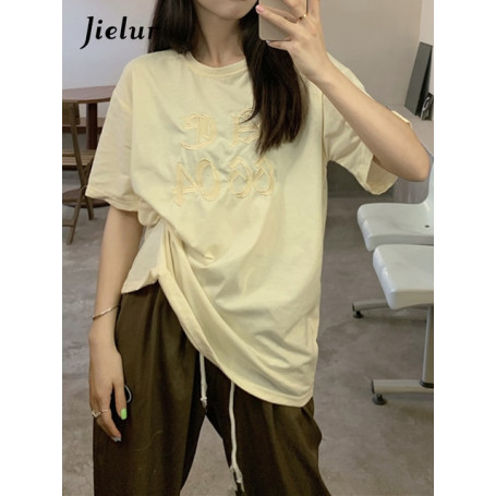 Jielur Cute Letter Embroidered T-shirts Women Summer Short Sleeve Loose Street T shirt White Brown Black Casual Korean Top M-XL