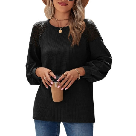 Womens Lace Long Sleeve Solid Pullover T-shirt Tops