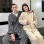 Women Men's Warm Pajama 2Pcs/Set Thick Flannel Simple Soft Fleece Elastic Waist Couple Sleep Homewear