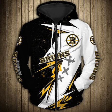 Men's Fashion Long Sleeve 3D Bruins Zip Hoodies White Black Stitching Curve Circular Printing Sweatshirt