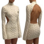 Women Close-fitting Sexy Backless Knitted Dress Beige Solid Color Turtleneck Long Sleeve Pullover Tops Slim Dress