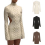 Women Close-fitting Sexy Backless Knitted Dress Beige Solid Color Turtleneck Long Sleeve Pullover Tops Slim Dress