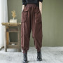 Women Pocket Patchwork Ankle-length Pants Casual Loose Cotton Corduroy Elastic Waist Harem Pants