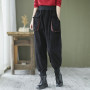 Women Pocket Patchwork Ankle-length Pants Casual Loose Cotton Corduroy Elastic Waist Harem Pants