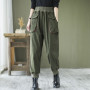 Women Pocket Patchwork Ankle-length Pants Casual Loose Cotton Corduroy Elastic Waist Harem Pants