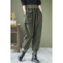 Women Pocket Patchwork Ankle-length Pants Casual Loose Cotton Corduroy Elastic Waist Harem Pants