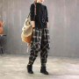 2023 Spring Summer Arts Style Women Elastic Waist Harem Pants Vintage Cotton Linen Plaid Pants Loose Female Trousers D414