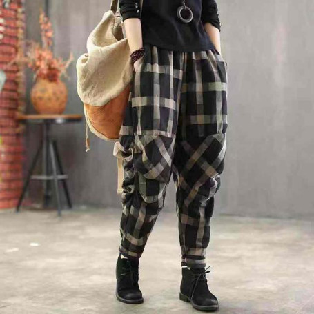 2023 Spring Summer Arts Style Women Elastic Waist Harem Pants Vintage Cotton Linen Plaid Pants Loose Female Trousers D414