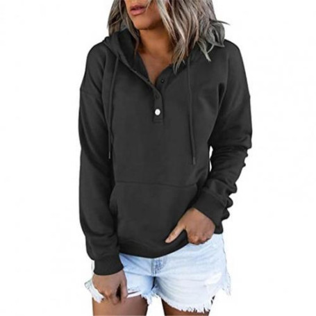 Women Hooded Hoodie Pullover Sweatshirt Female Hoodie Button Design Pocket Autumn Ladies SolidColor Beam Cuffs Hooded Sweatshirt