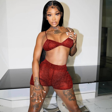 Women Glitter Mesh Sheer Two Piece Outfits Co Ord Set Club Wear Bra Crop Top and Shorts Sexy Party Night Matching Sets