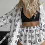 Women Printed Long Sleeve Lapel Top Elastic Short Pants Piece Sets New Casual Street Style
