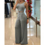 Women Solid Sleeveless Crop Short Tank Top & High Waist Wide Leg Pants Set 2PCS