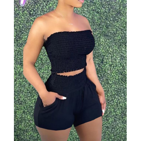 Women Two Pieces Sets Sleeveless Bandeau Shirred Top & Pocket Design Short Sexy Casual Outfits