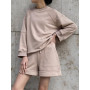 Women's 2 Piece Sets Fashion Casual Solid Color Round Neck Long Sleeve Top Drawstring Pocket Shorts