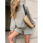 Women's 2 Piece Sets Fashion Casual Solid Color Round Neck Long Sleeve Top Drawstring Pocket Shorts