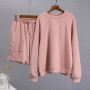 Women's 2 Piece Sets Fashion Casual Solid Color Round Neck Long Sleeve Top Drawstring Pocket Shorts