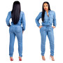 Women Drawstring Lace Up Denim Jumpsuit Dark Blue Lapel Sleeve Button Romper Pencil Pants Jeans