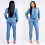 Women Drawstring Lace Up Denim Jumpsuit Dark Blue Lapel Sleeve Button Romper Pencil Pants Jeans