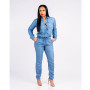 Women Drawstring Lace Up Denim Jumpsuit Dark Blue Lapel Sleeve Button Romper Pencil Pants Jeans