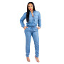 Women Drawstring Lace Up Denim Jumpsuit Dark Blue Lapel Sleeve Button Romper Pencil Pants Jeans