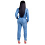 Women Drawstring Lace Up Denim Jumpsuit Dark Blue Lapel Sleeve Button Romper Pencil Pants Jeans