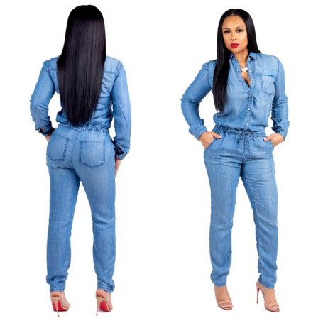Women Drawstring Lace Up Denim Jumpsuit Dark Blue Lapel Sleeve Button Romper Pencil Pants Jeans