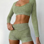 Women Solid Knitted 2Pcs Sport Yoga Sets Tight Thin Square Neck Long Sleeve Navel Top High Waist Short
