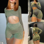 Women Solid Knitted 2Pcs Sport Yoga Sets Tight Thin Square Neck Long Sleeve Navel Top High Waist Short