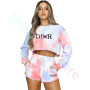 Women's Long Sleeves Shorts Set Two-Piece Butterfly Print T-shirt Casual Sports Tie-dye Midriff Pullover