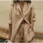 Women Lounge Wear Set Long Sleeve Shirt Tops And Mini Shorts Suit Two Piece Set