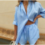 Women Lounge Wear Set Long Sleeve Shirt Tops And Mini Shorts Suit Two Piece Set