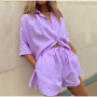 Women Lounge Wear Set Long Sleeve Shirt Tops And Mini Shorts Suit Two Piece Set