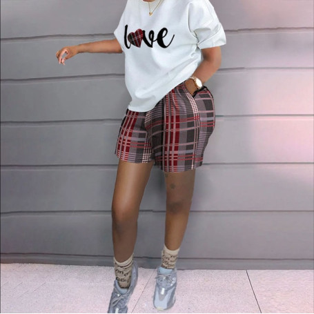 Women Two Pieces Casual Print Loose Matching Suit Streetwear short Sleeve Tops+shorts Set