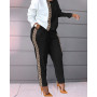 Women Printing Pocket Loungewear Set O-Neck Long Sleeve Pencil Pants Outfit Streetwear